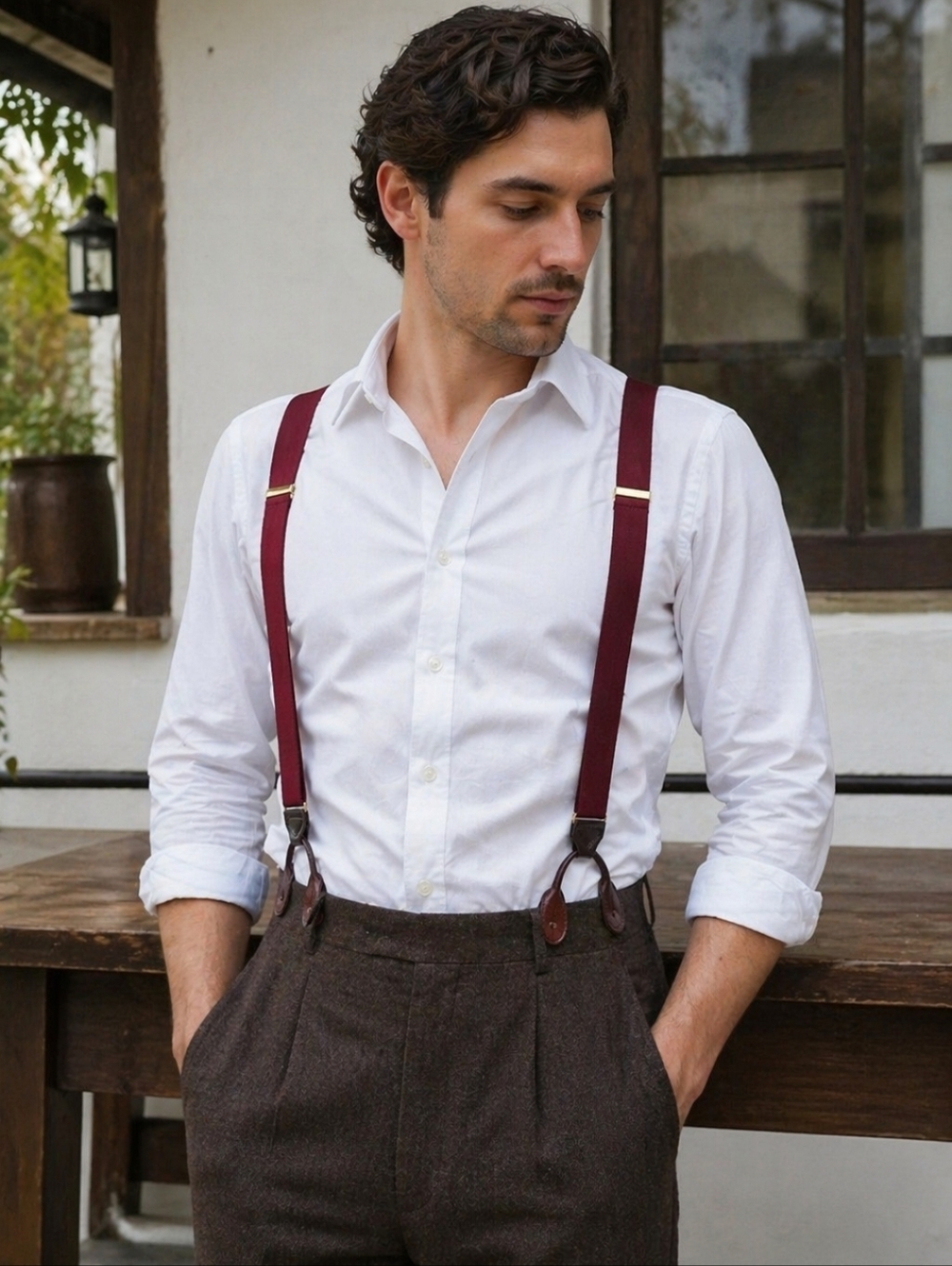 Vintage Made in England Burgundy Suspenders Leather Button Braces Classic